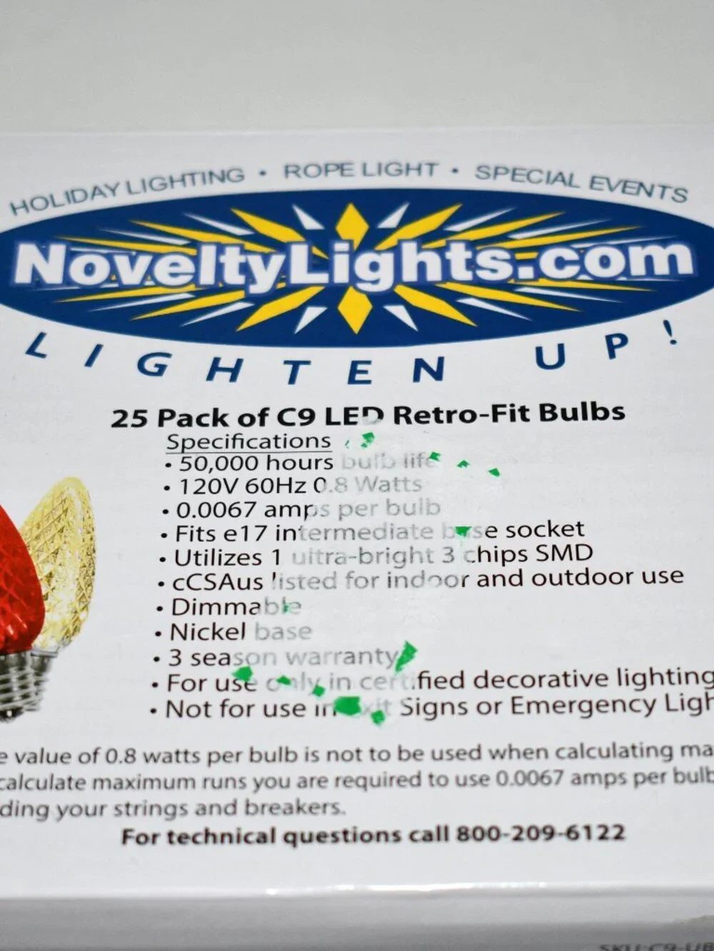 Novelty Lights C9 LED Replacement Bulbs, 25PK, Red/ Warm White, Dimmable, NWT